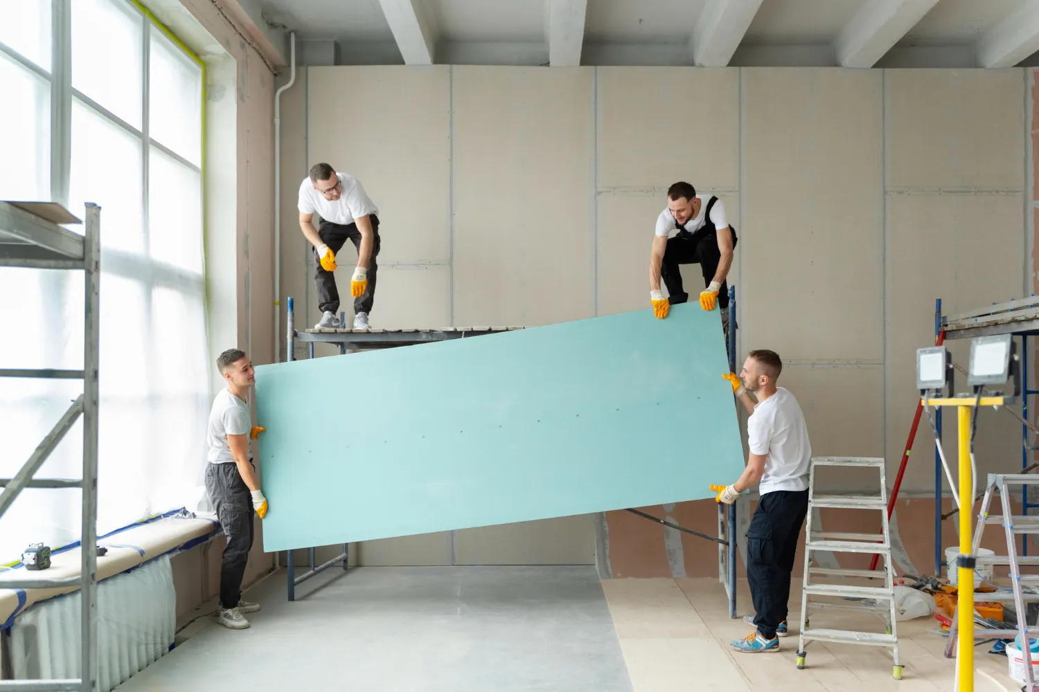 Cuatro trabajadores de construcción levantando una placa de yeso en un espacio interior, utilizando andamios y herramientas, con guantes de seguridad y un ambiente de trabajo en renovación.